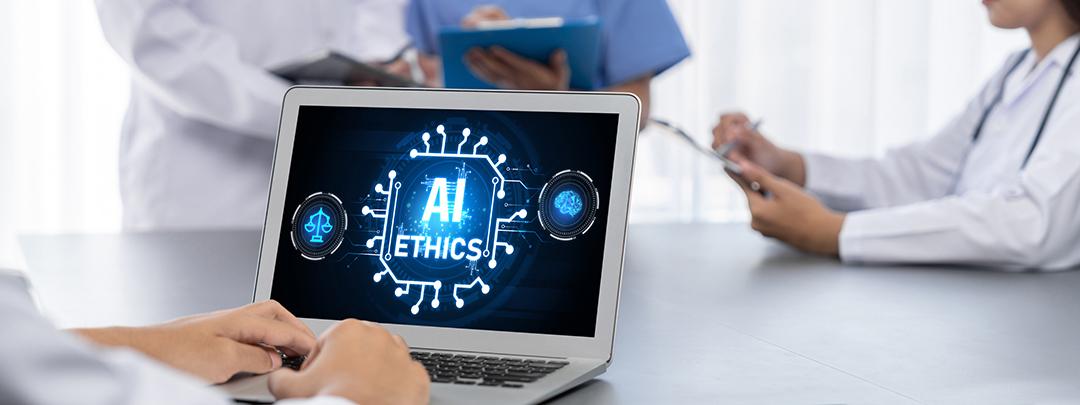 Medical professionals use AI on their laptops.