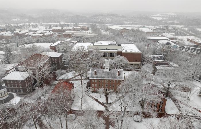 Ohio University's College Green is shown covered in snow and ice in this aerial image