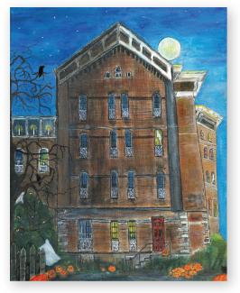 a painting of a building at The Ridges on Ohio University’s campus