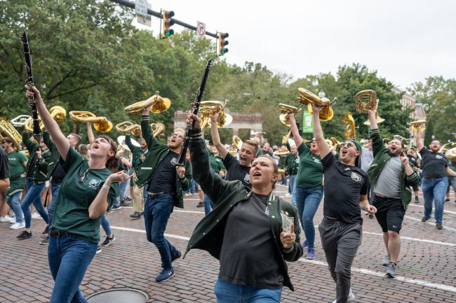 Ohio University's alumni band marches in the Homecoming parade