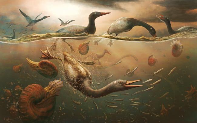 an artist’s rendering of the ancient bird Vegavis, depicted diving for fish among other ancient creatures