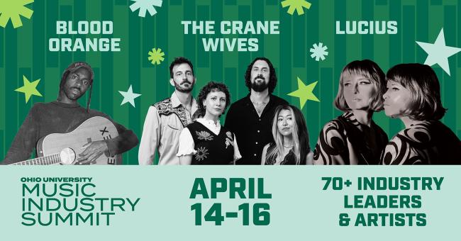 A graphic of the 2026 Ohio Univeristy Music Industry Summit featuring keynote artists Blood Orange (Dev Hynes), The Crane Wives and Lucius.