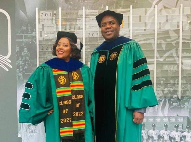 Lorraine Koobokile is shown at Ohio University's Commencement with Dr. Jean Francois