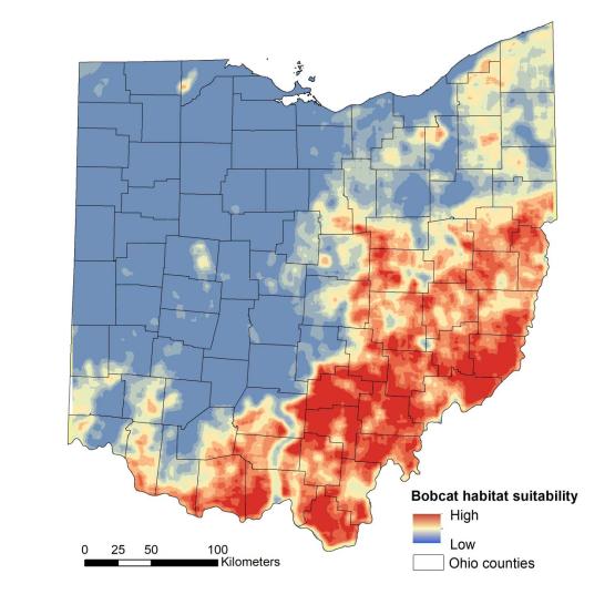 A graph of Ohio with the northwestern and west blue, with shades of yellow and red the more into southeastern Ohio it gets