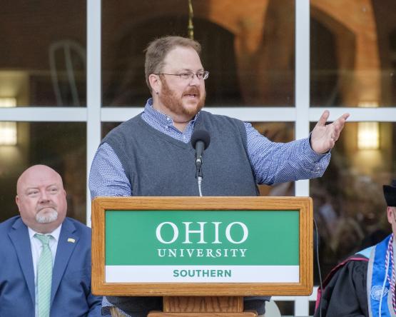 A speaker delivers remarks at the Ohio University Southern Graduation Recognition Ceremony