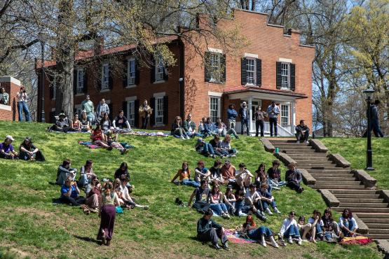 OHIO students have class outside at the Scripps Hall Amphitheater on a spring day