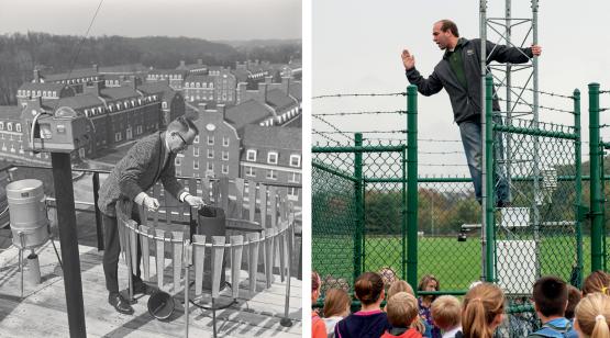 Left: a man with glasses and business professional attire inspects scientific equipment on a rooftop overlooking Ohio University’s West Green. Right:  a man in casual attire stands partway up a weather tower, addressing a group of elementary school students