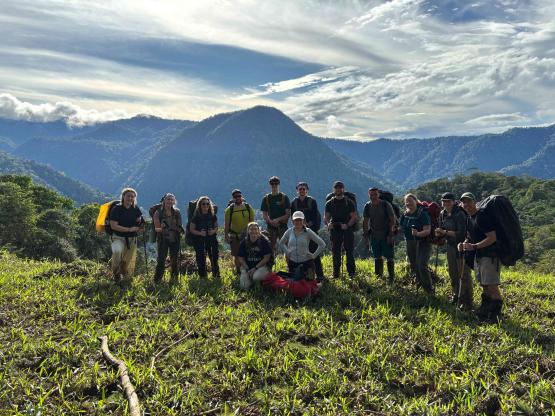 A group of hikers standing atop a forested hillscape.