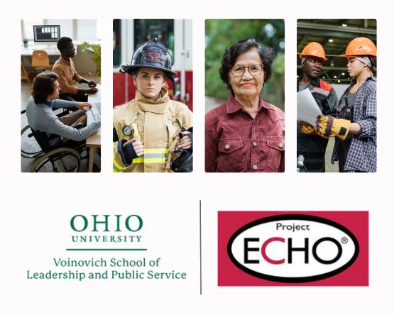 The words "Project ECHO - Ohio University Voinovich School of Leadership and Public Service" and four images of people working