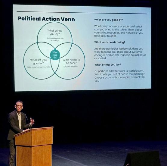 An OHIO student gives a presentation in front of a large screen at Advocacy Day