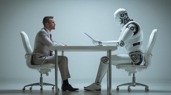 A man interviewing a robot 