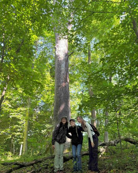 3 Female College Students standing in the forest in front of a large tree