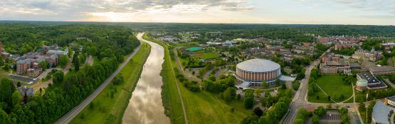 An aerial view of the Ohio University campus and City of Athens.