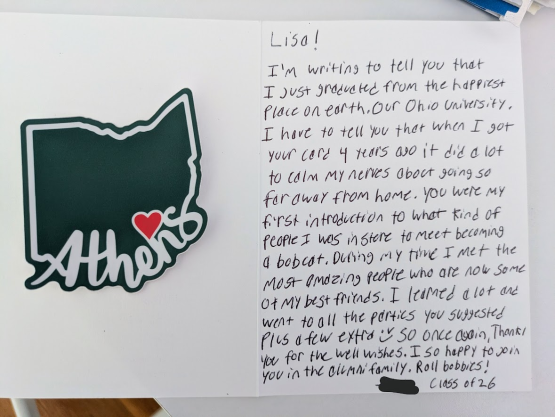 The card that Devin Norris sent to Lisa Lam. The card has Devin's handwriting and has an OHIO and Athens logo. 