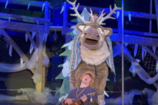 A character from "FROZEN" sings and plays guitar while on stage.