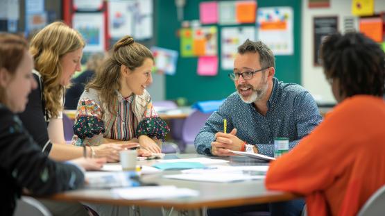 Five people sit around a table filled with papers and discuss a topic
