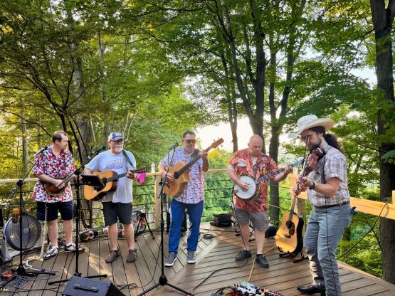 String Therapy performs on an outdoor stage