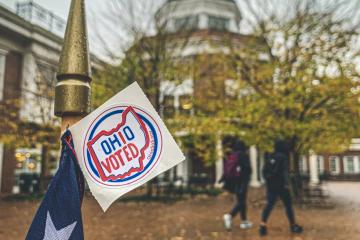 A voting sticker is displayed outside of Baker University Center on Nov. 5. 