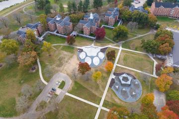 An aerial view of South Green’s new Paw Print Park shows the hammock space on the paw print to the right and the student gathering and event space on the paw print to the left.