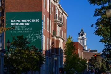 Copeland Hall and Uptown Athens are shown on a fall day