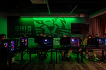Gamers in the middle of a match in the OHIO Esports Arena.