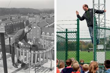 Left: a man with glasses and business professional attire inspects scientific equipment on a rooftop overlooking Ohio University’s West Green. Right:  a man in casual attire stands partway up a weather tower, addressing a group of elementary school students