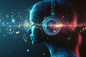 A representation of artificial intelligence listening to music.