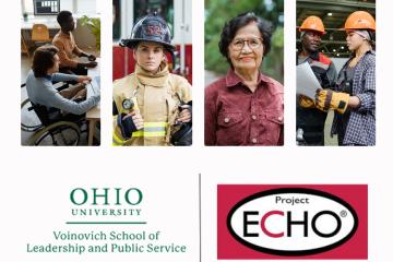 The words "Project ECHO - Ohio University Voinovich School of Leadership and Public Service" and four images of people working