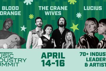 A graphic of the 2026 Ohio Univeristy Music Industry Summit featuring keynote artists Blood Orange (Dev Hynes), The Crane Wives and Lucius.