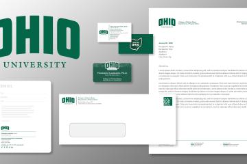 Images of the updated OHIO logo on letterhead, business cards and envelopes