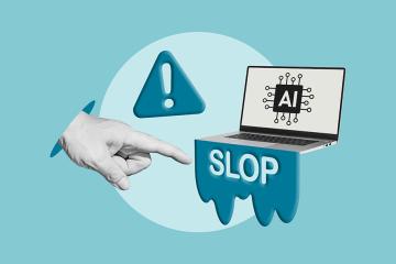 A hand pointing too a laptop that has the word "slop" oozing out of it.