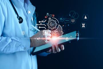 A doctor holds a tablet using artificial intelligence.