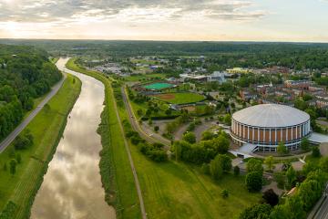 An aerial view of the Ohio University campus and City of Athens.