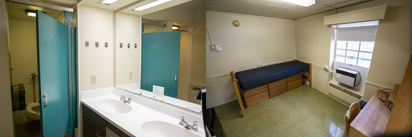 left: bathroom sinks, mirror and toilet stall; right: bedroom with dorm bed and window