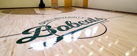 Bobcats logo on hardwood basketball floor