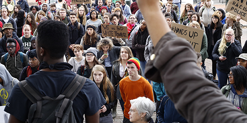 Students form an organized protest on the Athens campus