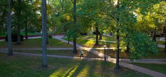 A student walks across brick pathways on College Green in the evening light, surrounded by trees