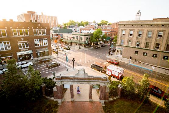 aerial view from College Green of Ohio University's Alumni Gateway and intersection of Court Street and Union Street