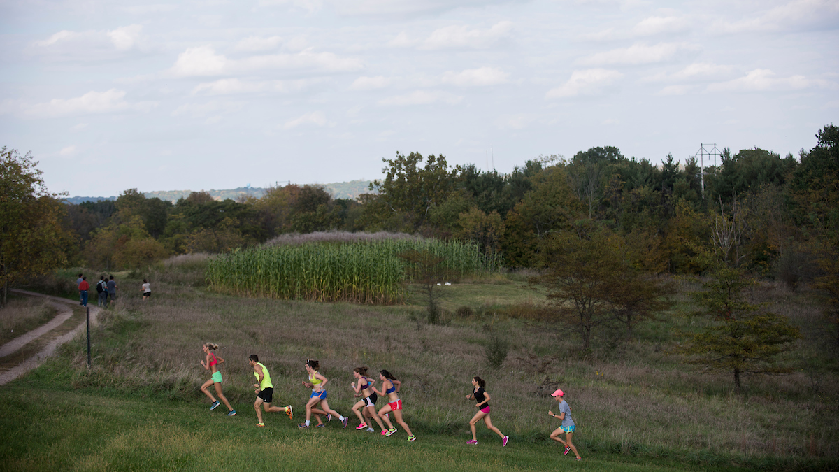 Runners run past a biofuel tour at the Ridges Land Lab.