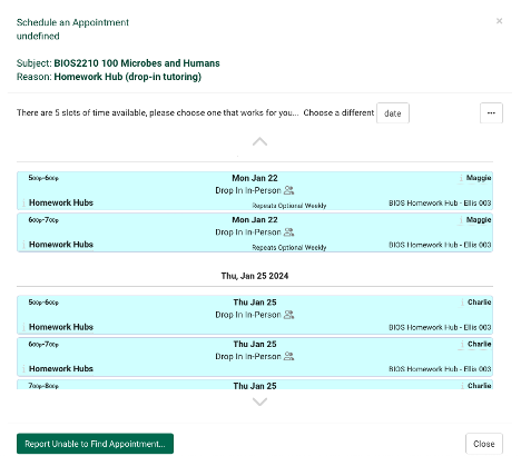 Student View of Homework Hub Schedule after TracCloud Search
