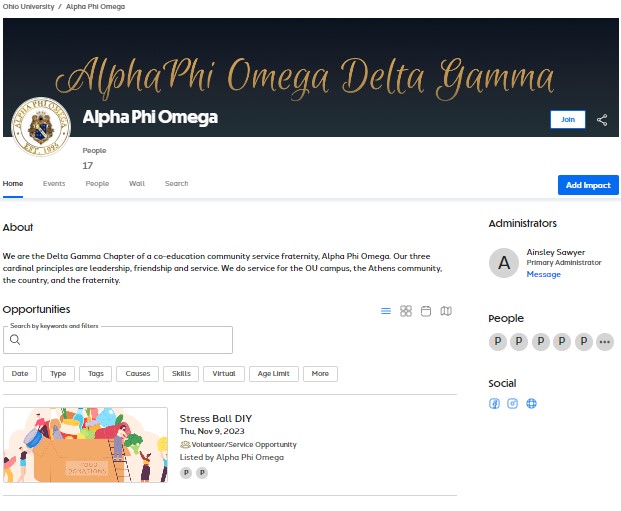 A screenshot of Alpha Phi Omega's GivePulse homepage