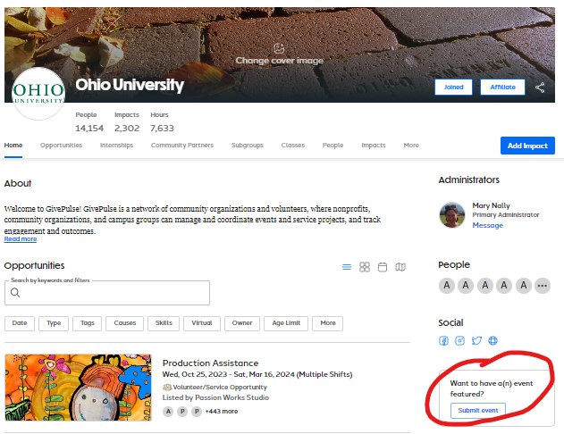 A screenshot of OU's Givepulse homepage with the Submit event button circled in red