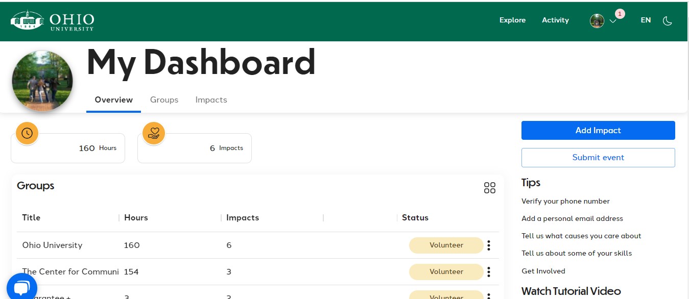 a screenshot of a user dashboard in givepulse