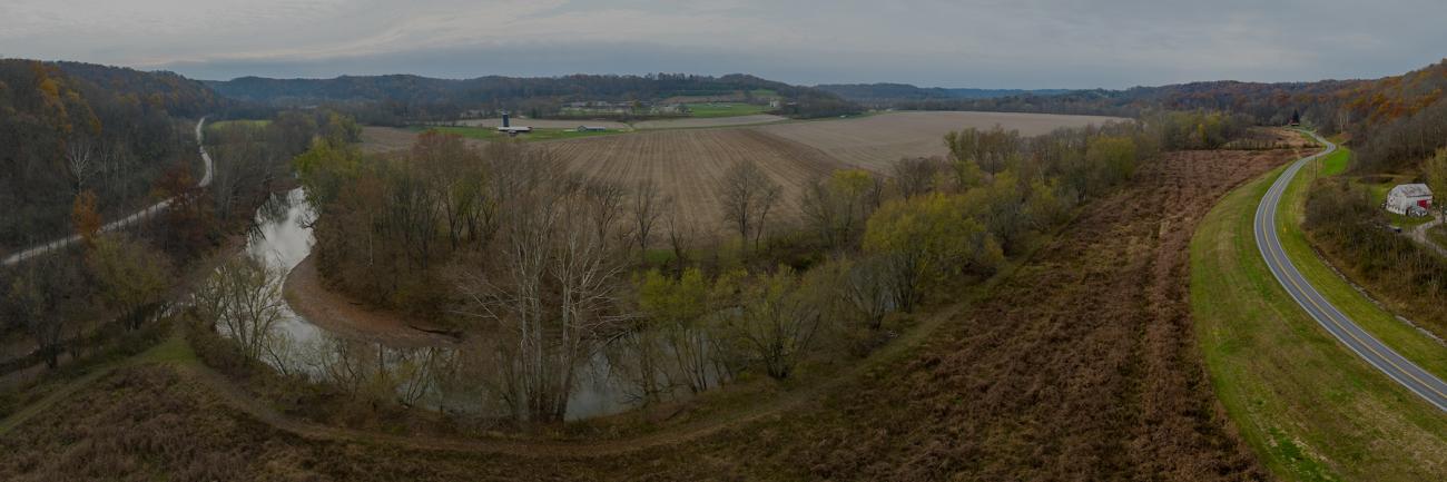 A river winds around farmland near Tablertown, Ohio.