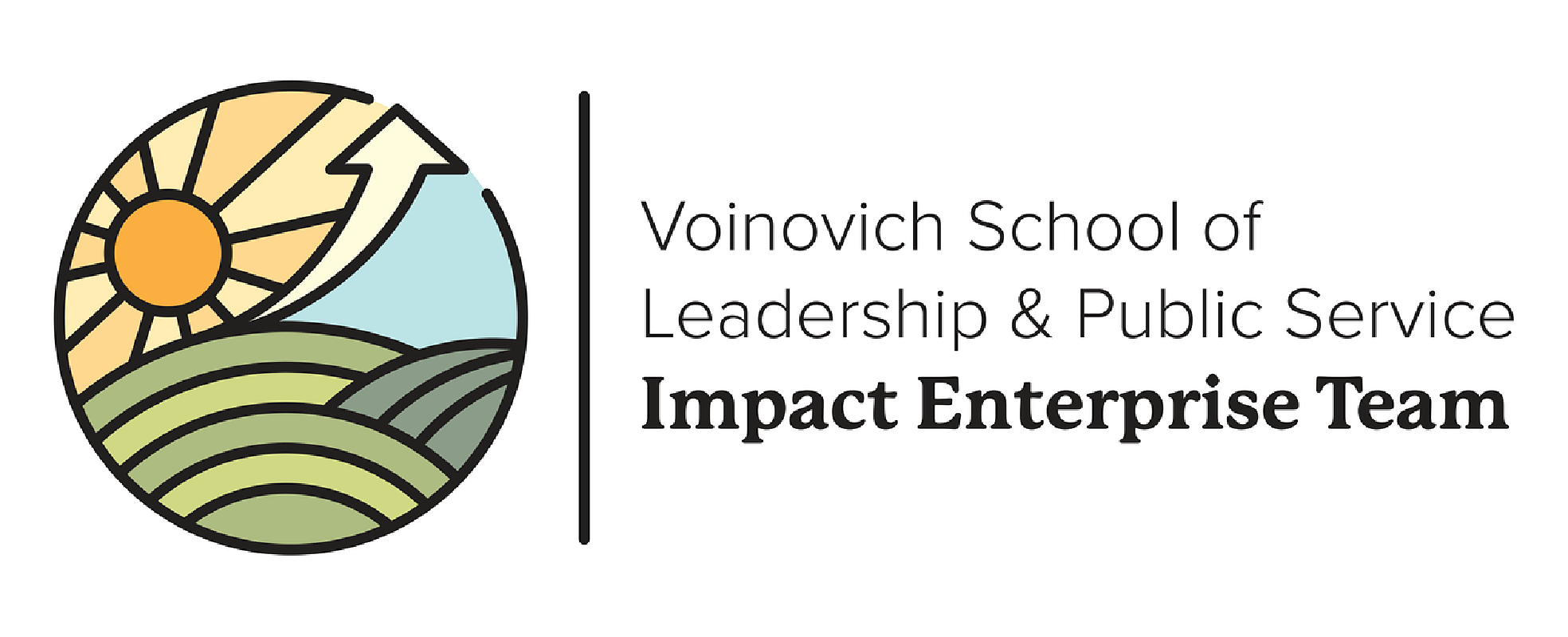 Logo of a sun over rolling hills with an arrow up for the Voinovich School Impact Enterprise Team