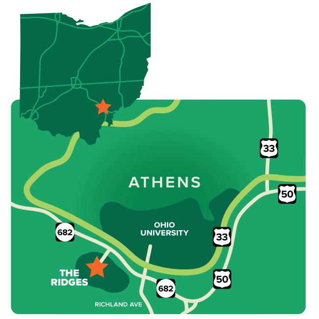 Map describing the location of the Ridges in relation to the main Ohio University campus, Athens and Ohio