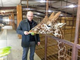 Michaud feeds giraffe at The Wilds